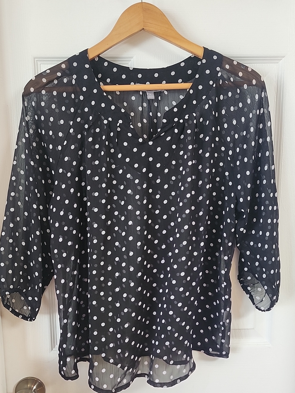 NY Collection Black Blouse with White Polka Dots